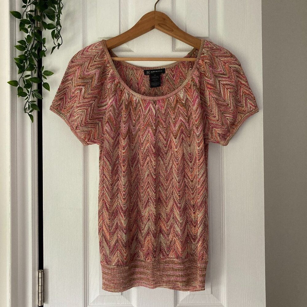INC | Chevron Pattern Short Sleeve Knit Top | Size Petite L